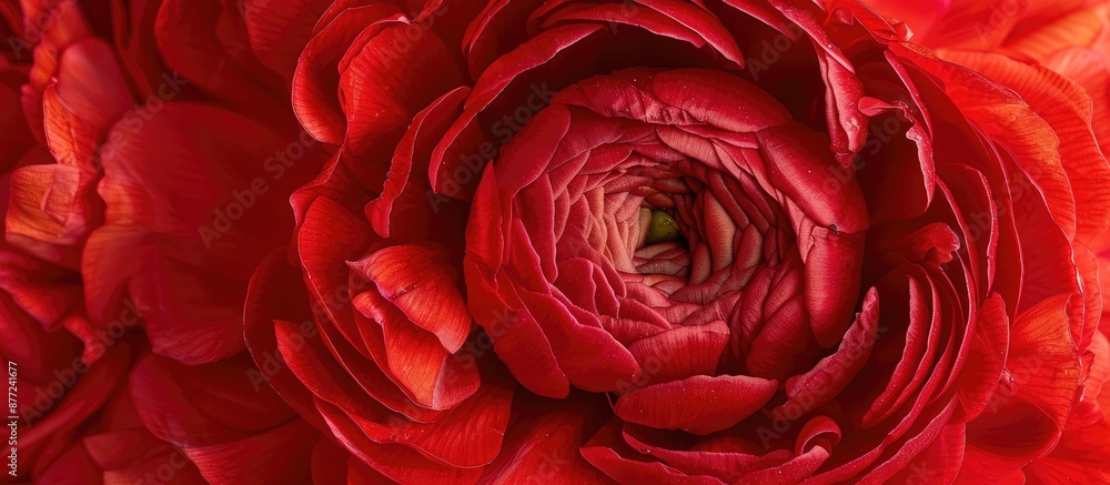 Poster close up top view of a gorgeous red ranunculus displaying intricate petal details against a bright b