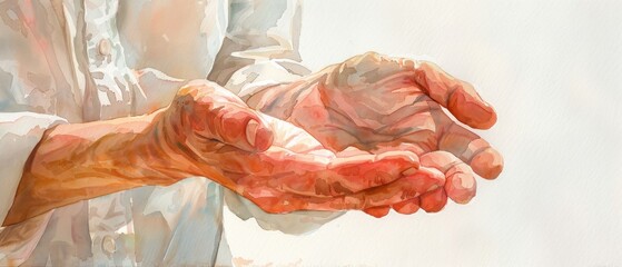 Close up of two wrinkled hands reaching out.