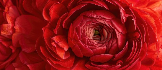 Close up top view of a gorgeous red ranunculus displaying intricate petal details against a bright background ideal for a cropped picture with ample copy space