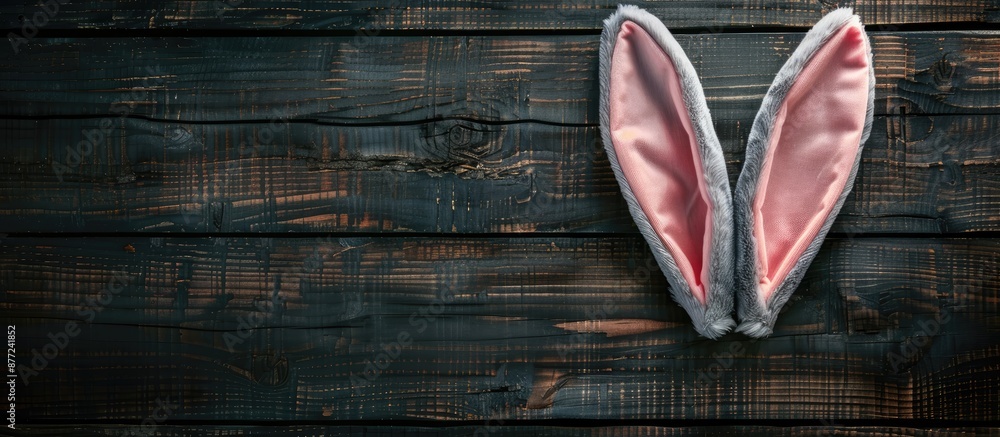 Poster top down view of the easter bunny s ears against a dark wooden background with copy space image