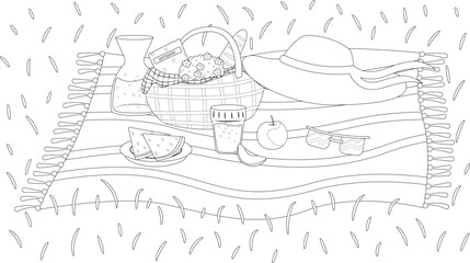 Coloring page with picnic set, blanket, basket, juice, hat