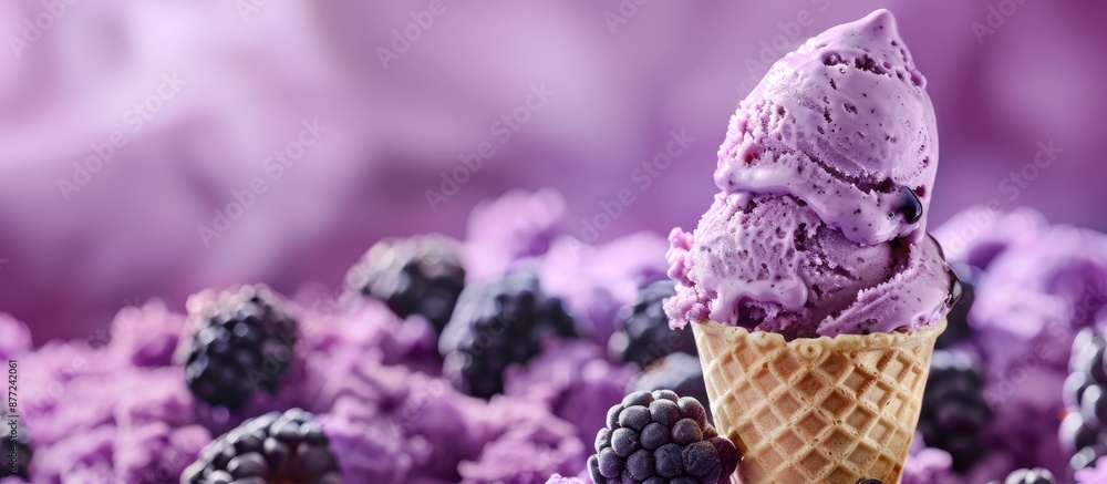 Poster blackberry ice cream cone with background for custom text great for posters and flyers. with copy sp
