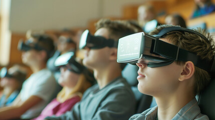 A group of students tests virtual reality simulator glasses.