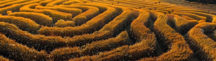 Fototapeta premium Aerial view of a golden field with winding patterns and lines, highlighting agricultural beauty and intricate farm designs at sunset.