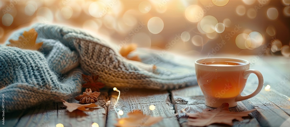 Aufkleber Warm and cozy fall themed image with a cup of tea and a soft knitted sweater in the background perfect for adding text or graphics with copy space