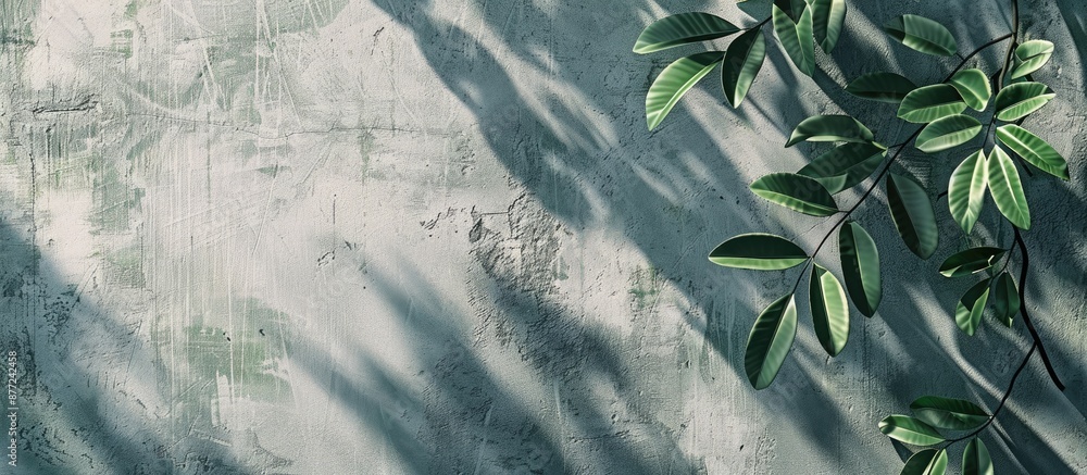 Fototapete Abstract tree leaves casting shadows on a textured gray green concrete wall creating a trendy nature inspired background with a flat lay suitable for text or posters image. with copy space image