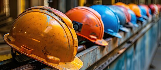 A row of hard hats with copy space image providing head protection for construction workers