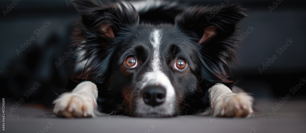 Poster a border collie dog lies with legs extended gazing at the camera in a photo with copy space image
