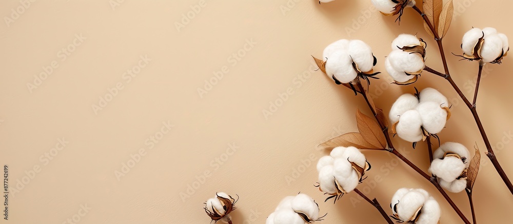 Poster beige background with cotton flowers in flat lay composition allowing for text in the copy space ima