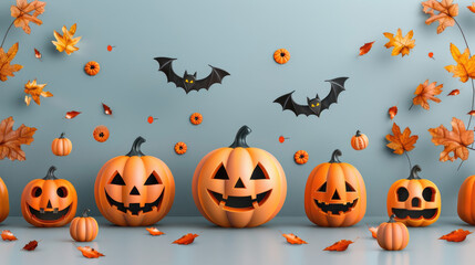 Flat design Halloween party with bats and jack-o'-lanterns