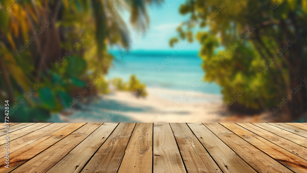 Poster empty wooden table top in front of a blurred background, showcasing a sunny tropical beach with palm
