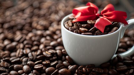 Fototapeta premium aromatic coffee beans in white cup with decoration of a red bow, spilled coffee beans, artistic decoration. copy space. coffee day