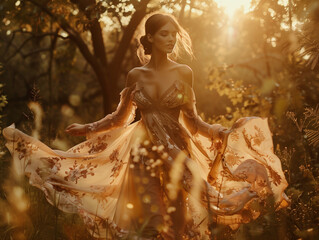 A portrait set in a forest at sunset, capturing a woman in a flowing dress amidst the warm, golden light filtering through the trees
