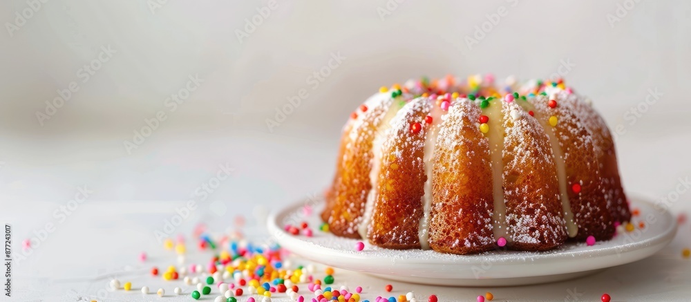 Poster Mini gugelhupf adorned with vibrant sugar sprinkles on a white background with ample copy space image