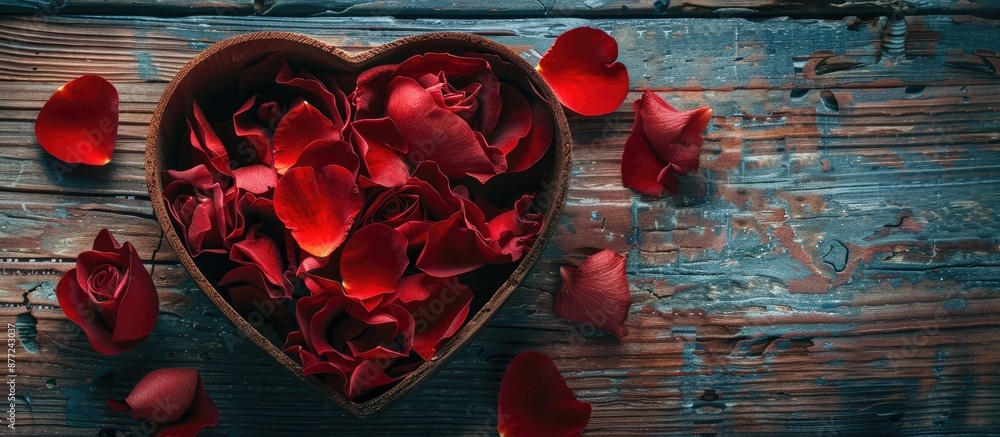 Aufkleber A close up image of a vibrant red rose with its petals arranged in a heart shaped box on a wooden background with copy space image