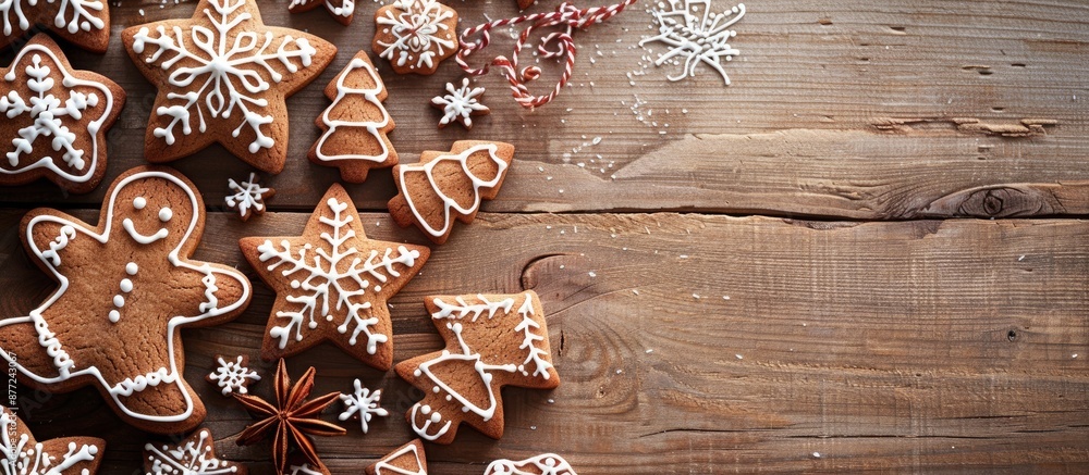 Poster close up of various decorated gingerbread cookies on a wooden surface set against a festive christma