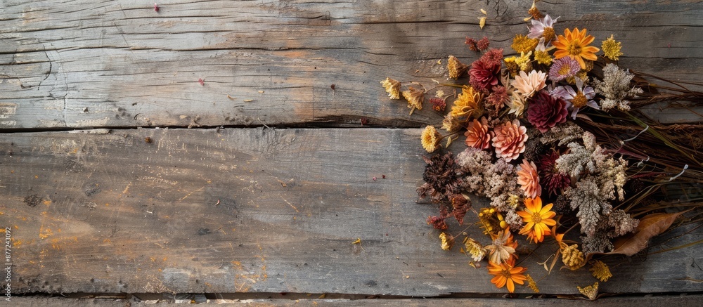 Poster An arrangement of dried flowers displayed on a weathered wooden surface with ample copy space for adding text to the image