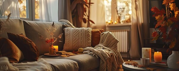 Cozy autumn living room with warm decor, soft blankets, and glowing candles creating a relaxing atmosphere by the window.