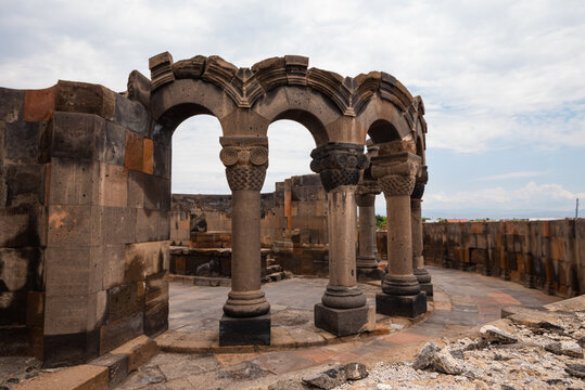 The ruins of Zvartnots Temple in Yerevan, Armenia. columns and arches of the temple in close-up