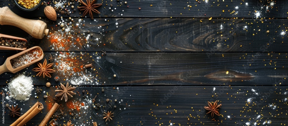 Aufkleber A background of a black wooden table with dessert spices kitchen tools and space for an image. with copy space image. Place for adding text or design