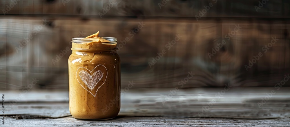 Aufkleber Heart sketched on peanut butter in a jar against a wooden backdrop with ample copy space image