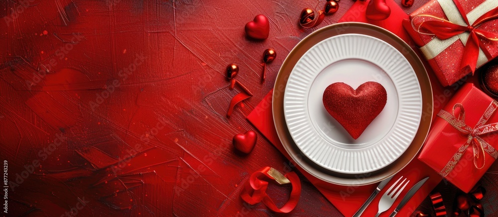 Aufkleber top view valentine s day themed table setting with red heart gift box cutlery and plate on a red tab