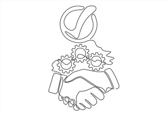 Businessmen handshake with checkmark on top. Deal confirmation, agreement verification and secure partnership.One continuous drawn.	