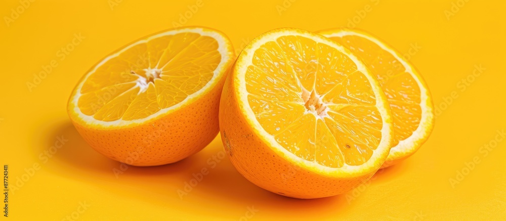 Fototapete cut oranges with a detailed texture on a yellow background clipping path included for copy space ima