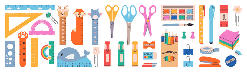 Big set of school supplies. Cute school stationery set. Back to school element set. pencils, markers, rulers, eraser, paper clips, tape, sharpener, paint, brush. Accessories for study and creativity