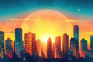 Obraz premium City skyline, sunset view, flat design illustration