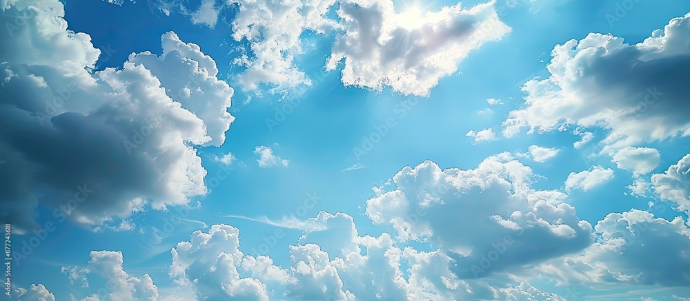 Poster serene and open canvas of a vivid azure sky with fluffy white clouds dancing gracefully is a peacefu