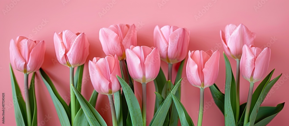 Fototapete A bunch of pink tulips arranged on a pink backdrop with space for text or other elements in the image. with copy space image. Place for adding text or design