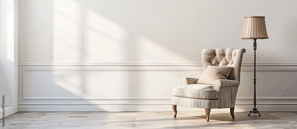 Poster interior design featuring a chic armchair with a cushion and lamp next to a white wall indoors provi
