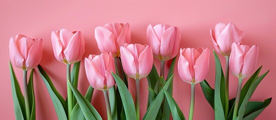 Fototapeta premium A bunch of pink tulips arranged on a pink backdrop with space for text or other elements in the image. with copy space image. Place for adding text or design