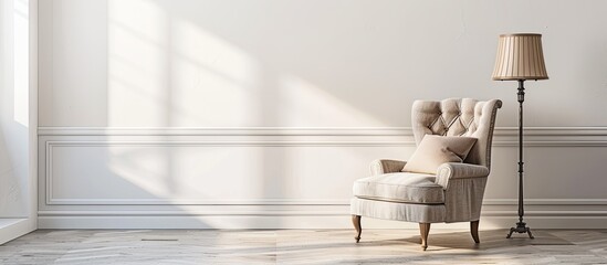 Interior design featuring a chic armchair with a cushion and lamp next to a white wall indoors providing space for text along with a copy space image