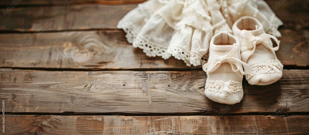 Aufkleber Vintage baby clothes and shoes for baptism displayed on a wooden background with a blank space image for a message. with copy space image. Place for adding text or design