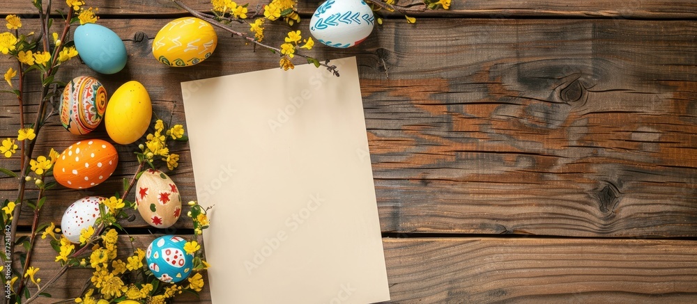 Aufkleber wooden background with easter decoration and blank note paper suitable for a copy space image