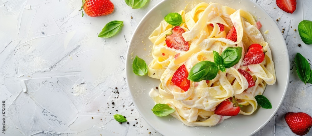 Aufkleber high quality photo of pasta with strawberry cream fresh strawberries and basil with copy space image