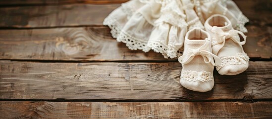 Vintage baby clothes and shoes for baptism displayed on a wooden background with a blank space image for a message. with copy space image. Place for adding text or design