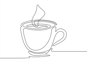 Cup continuous line art. Coffee or tea cup one line drawing. Hot drink with steam. Vector isolated on white.