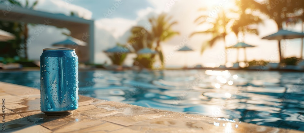 Poster enjoy a refreshing cold drink in a blue can by the hotel pool with a relaxing summer vacation vibe a