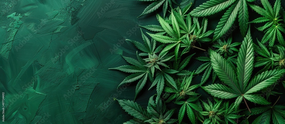 Poster top down view of green marijuana leaves on a green backdrop with copy space image