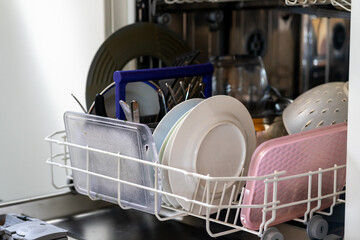 Dirty dishes are loaded into the dishwasher.