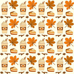 Seamless vector pattern of pumpkin spice latte cup, pumpkin pie and chestnut leaves, decorative wallpaper, wrapping, textile print. 