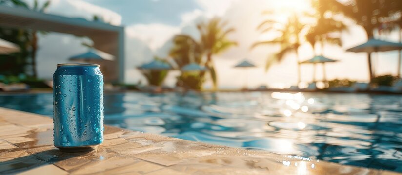 Enjoy a refreshing cold drink in a blue can by the hotel pool with a relaxing summer vacation vibe at the resort featuring a pleasing copy space image