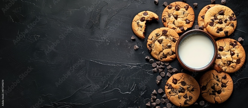 Poster black background with cookies milk and copy space image