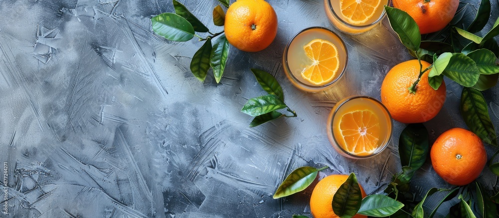 Poster top view of tangerines with leaves in glasses of citrus fruit juice on a table with a grey backgroun
