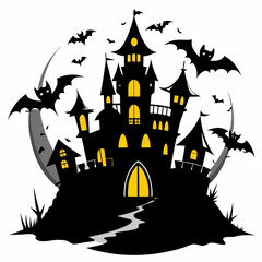 spooky castle with bats vector,Halloween illustration with castle and bats,