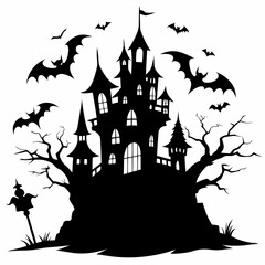 spooky castle with bats vector,Halloween illustration with castle and bats,