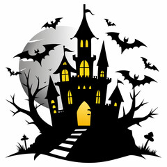 spooky castle with bats vector,Halloween illustration with castle and bats,